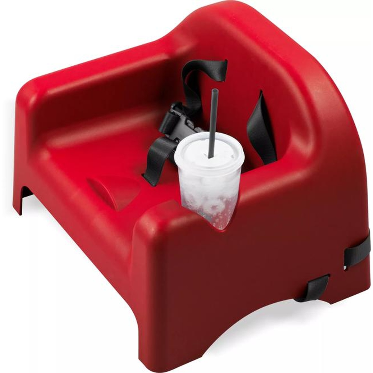 Red Carlisle booster seat with a tumbler placed in the integrated cup holder