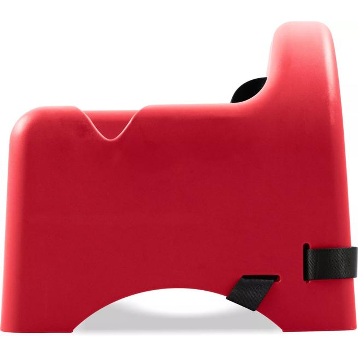 Side profile view of red Carlisle stackable booster seat showing polypropylene construction and strap anchors