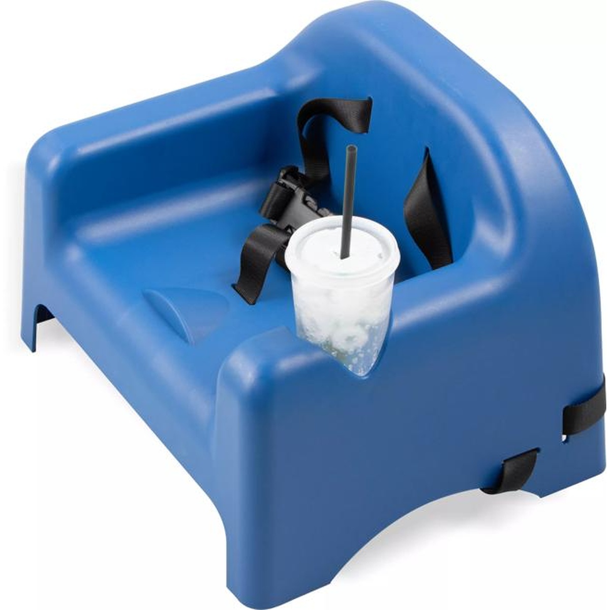 Carlisle blue booster seat with a tumbler placed in the integrated side cup holder