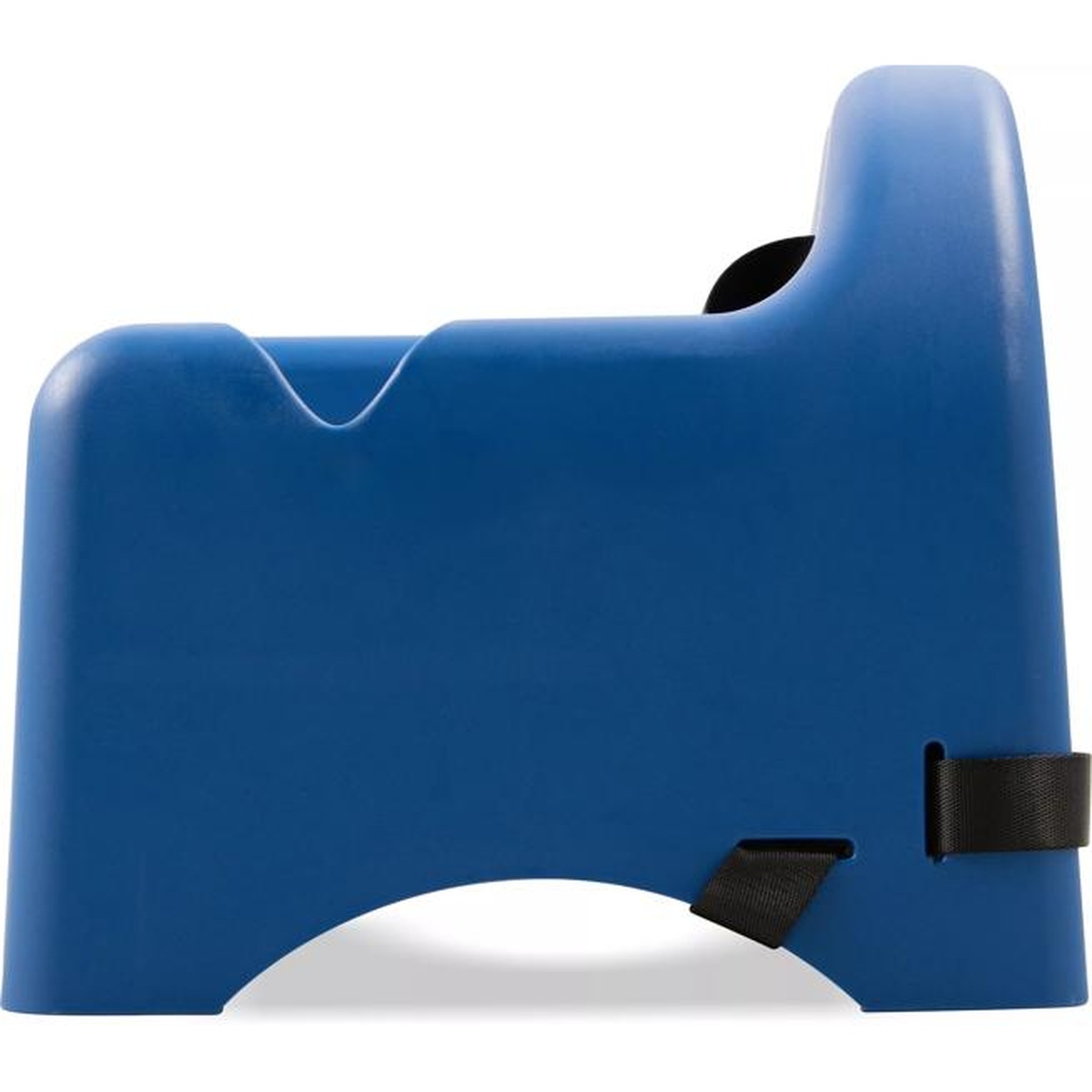 Side profile view of the Carlisle blue stackable booster seat showing solid polypropylene construction and strap attachment points