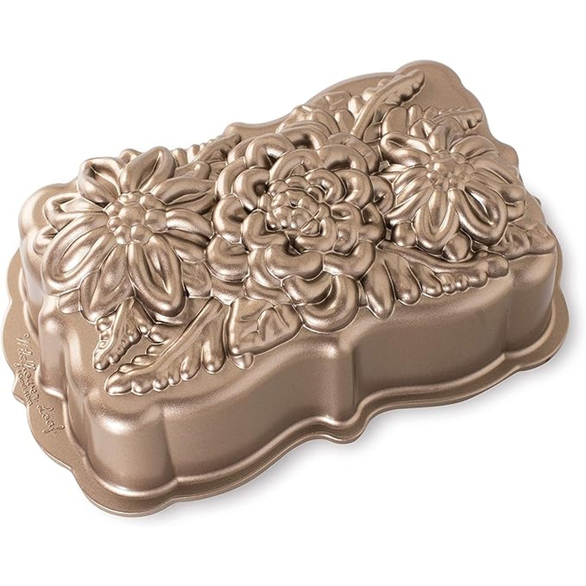 Nordic Ware Wildflower Loaf Pan in toffee finish with intricate raised floral design on top