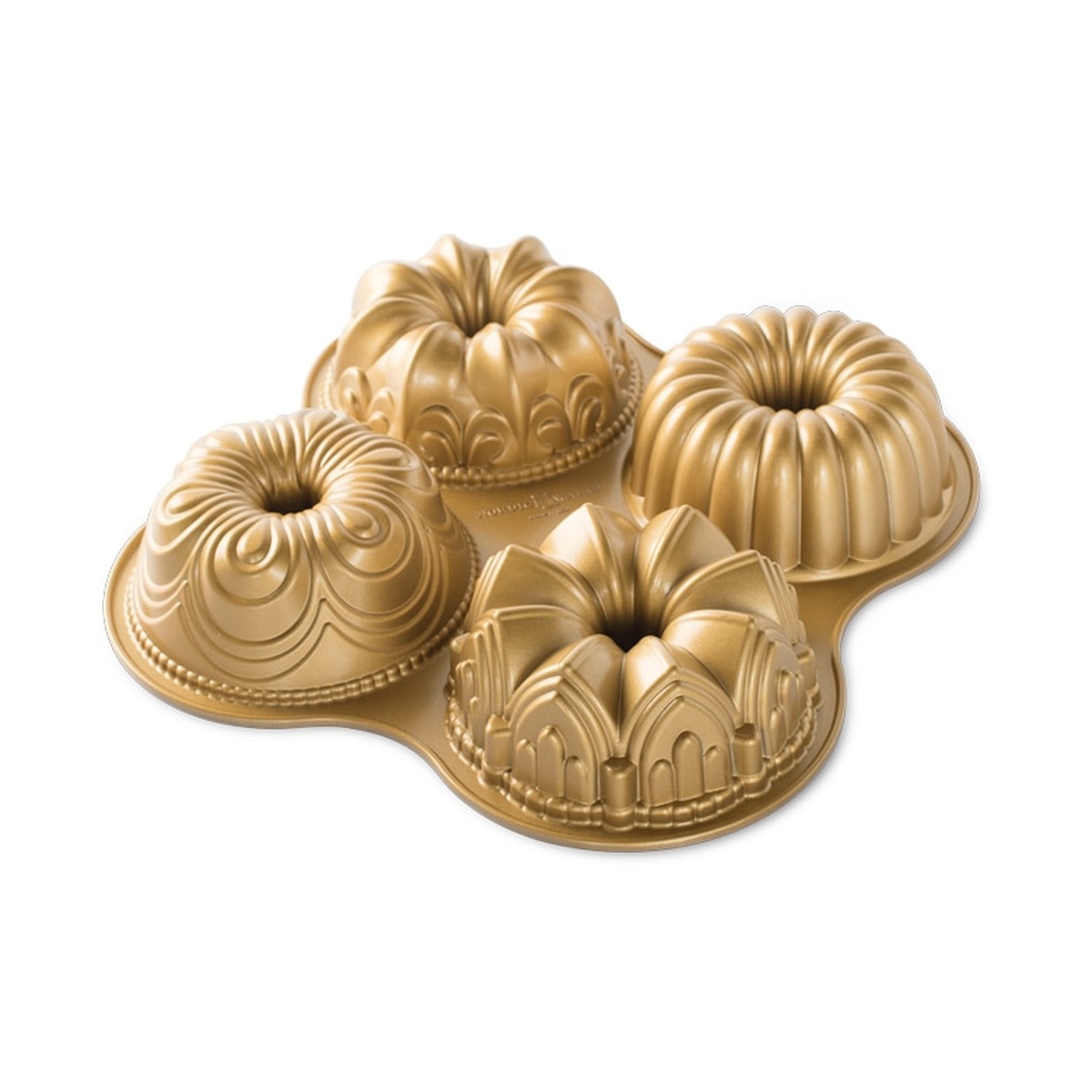 Nordic Ware Bundt Quartet Pan exterior showing four distinct mini Bundt cavity molds in gold cast aluminum