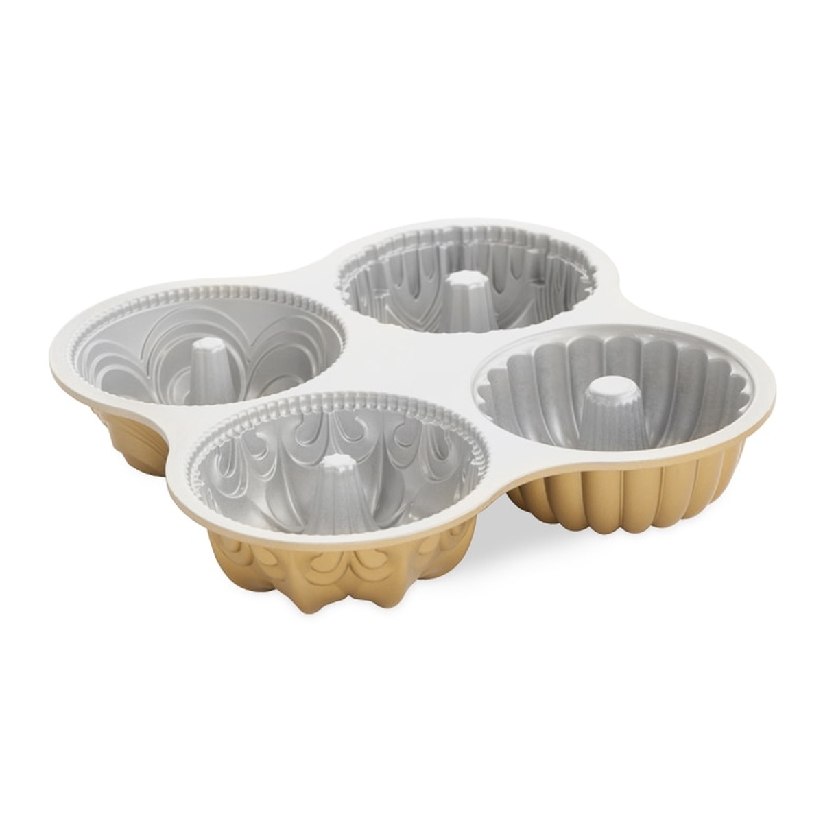 Nordic Ware Bundt Quartet Pan interior showing silver nonstick cavity surfaces with four distinct Bundt mold patterns