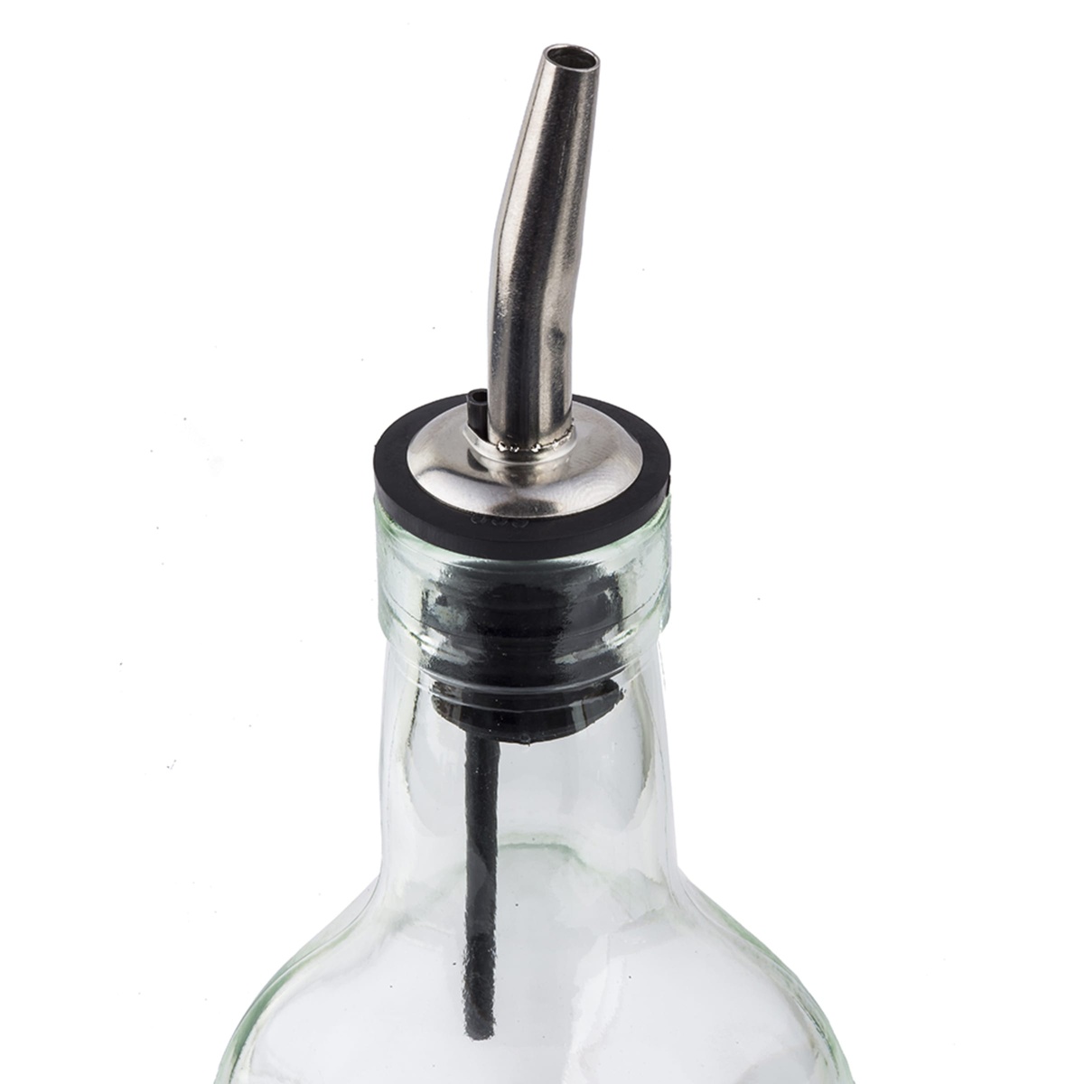 Close-up of the stainless steel pour top on the Tablecraft 916 olive oil cruet