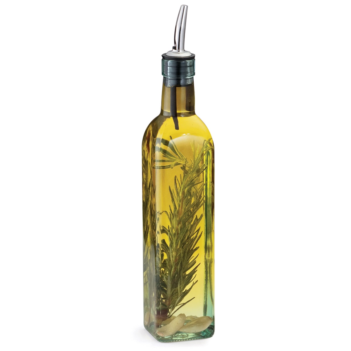 Tablecraft 916 olive oil cruet filled with herb-infused olive oil and rosemary sprigs on white background