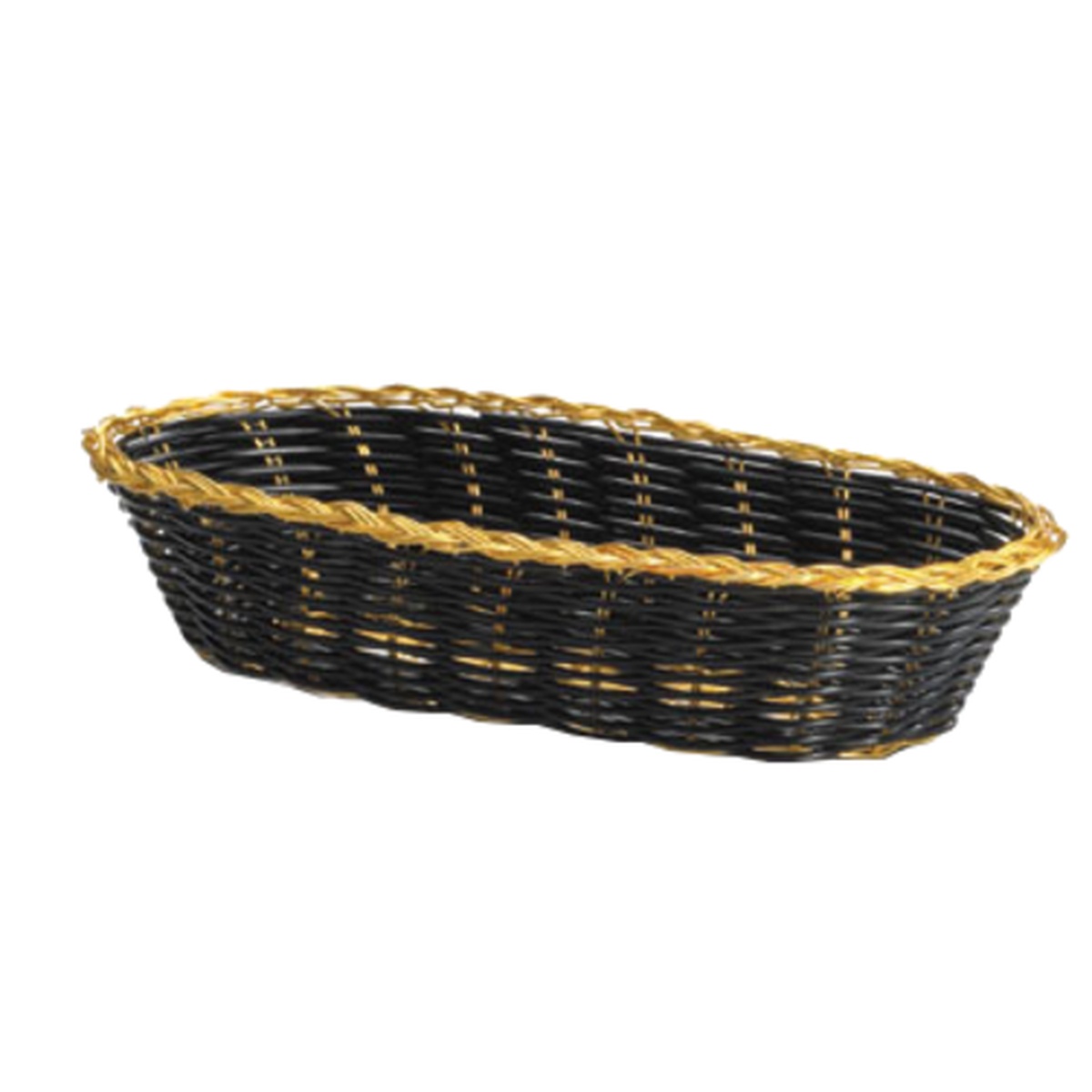 TableCraft 917B oblong woven basket in black vinyl with gold metal trim, 9 x 4 x 2 inch