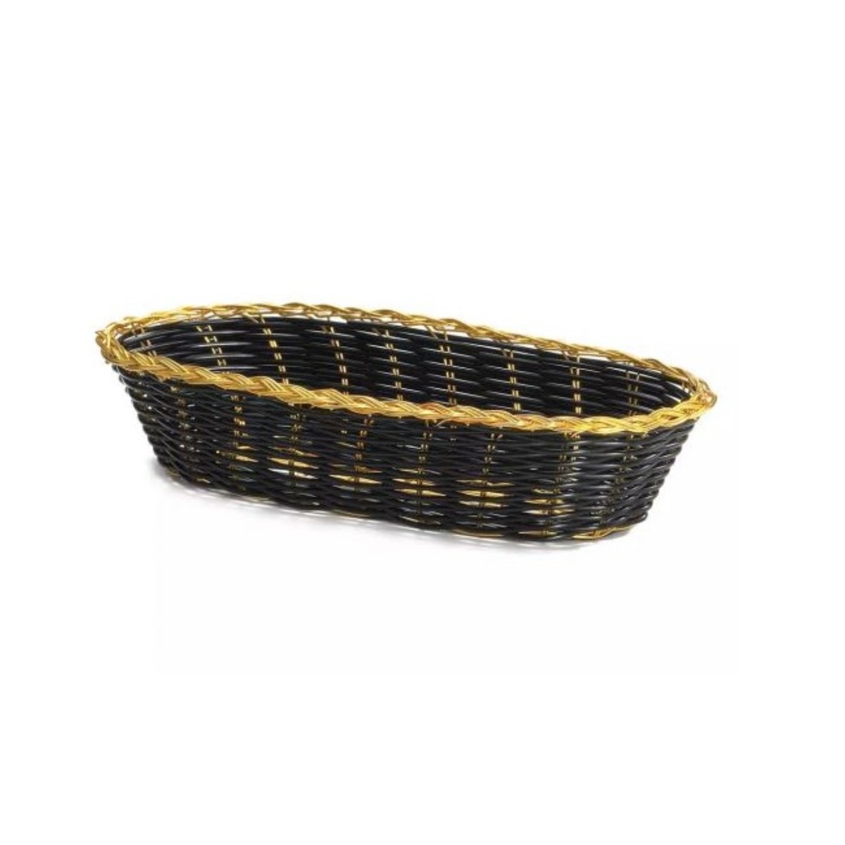 TableCraft 917B oblong hand-woven black vinyl basket with gold metal trim, 9 x 4 x 2 inches