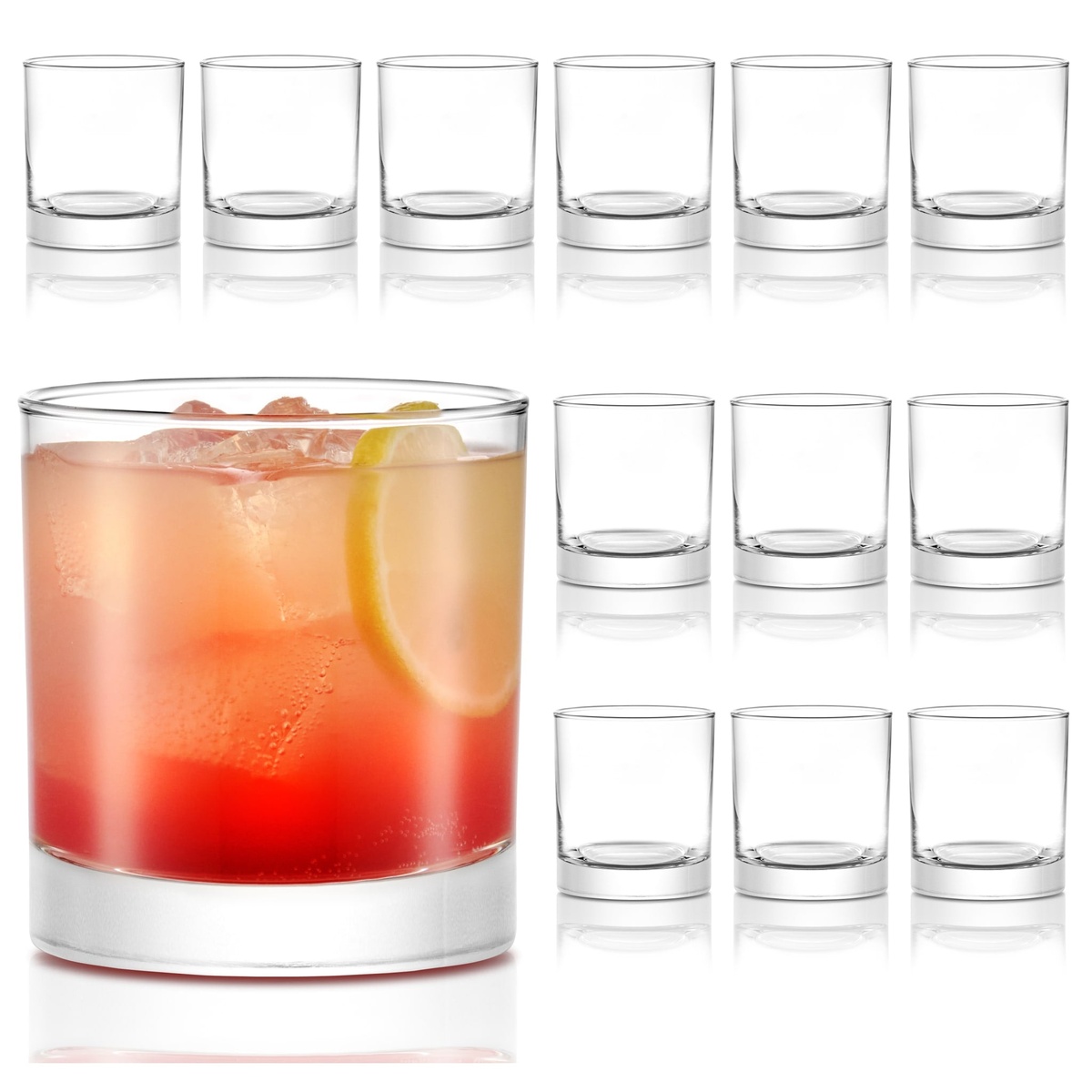 Libbey 917CD Heavy Base Rocks Glasses set of 12 on white background, one glass filled with red cocktail and lemon garnish