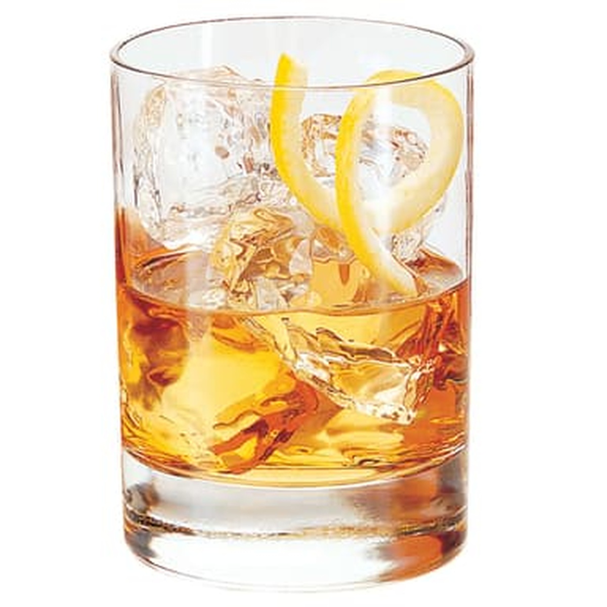 Libbey 918CD double old fashioned glass filled with whiskey, ice cubes, and a lemon twist