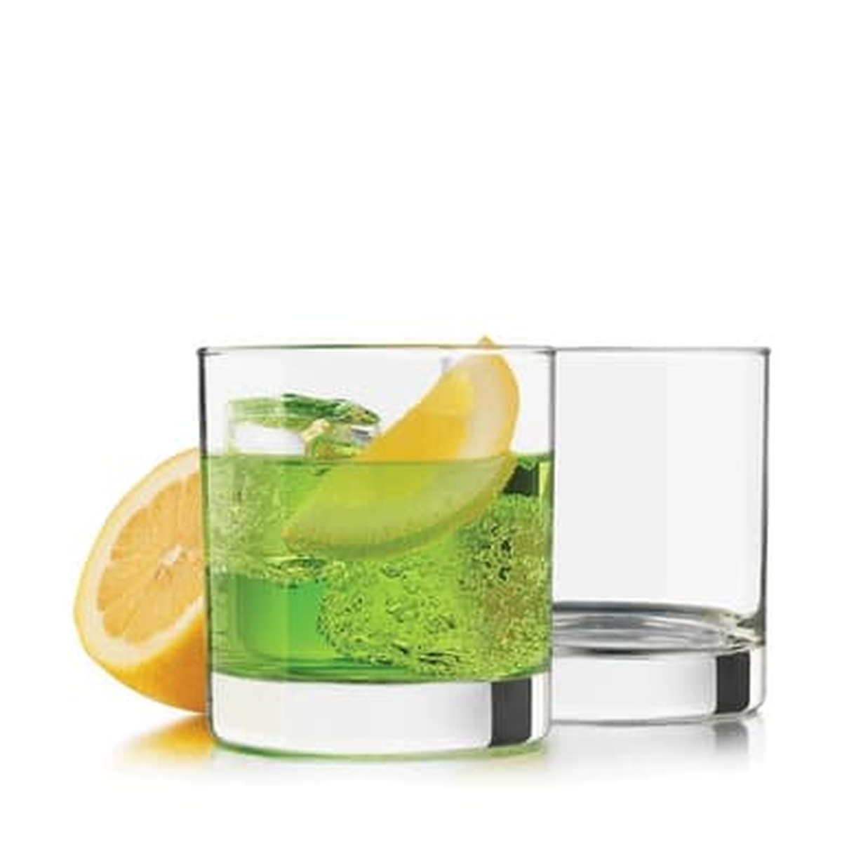 Two Libbey 918CD Heavy Base double old fashioned glasses, one filled with a green cocktail and lemon slice, one empty
