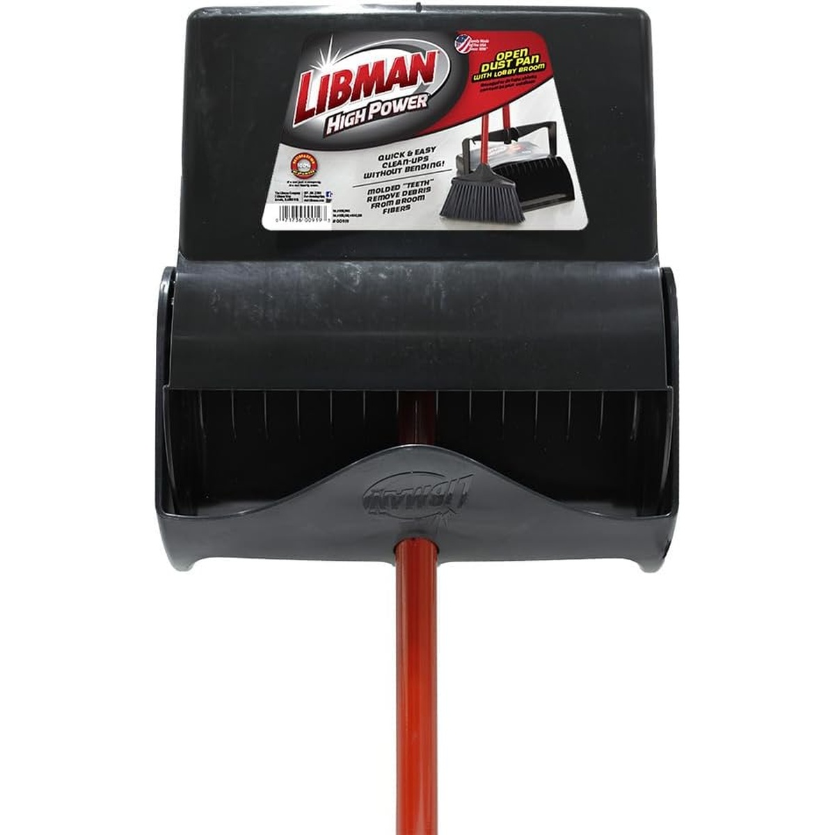 Close-up of Libman 919 open dustpan showing molded teeth along the front edge