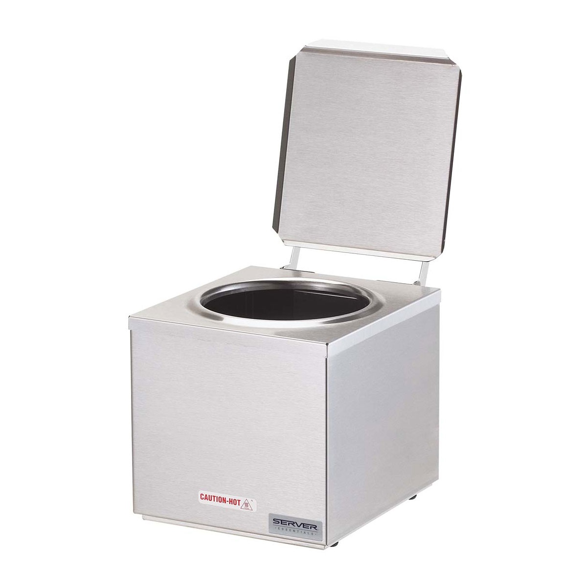 Server Products 92000 Single Cone Dip Warmer with hinged lid open, stainless steel countertop unit