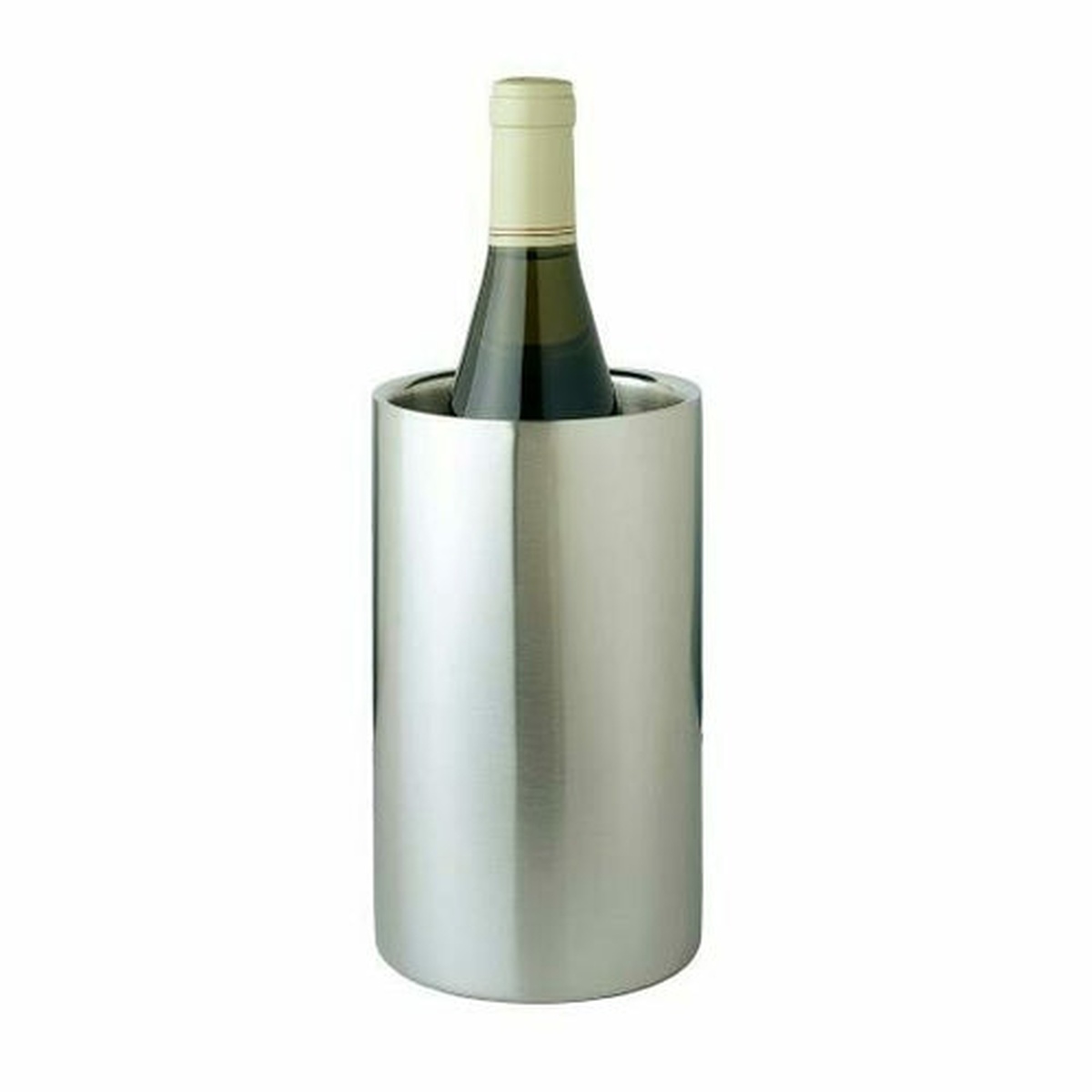 Franmara Bernardo double wall stainless steel wine and champagne bottle cooler with semi-brushed finish holding a wine bottle