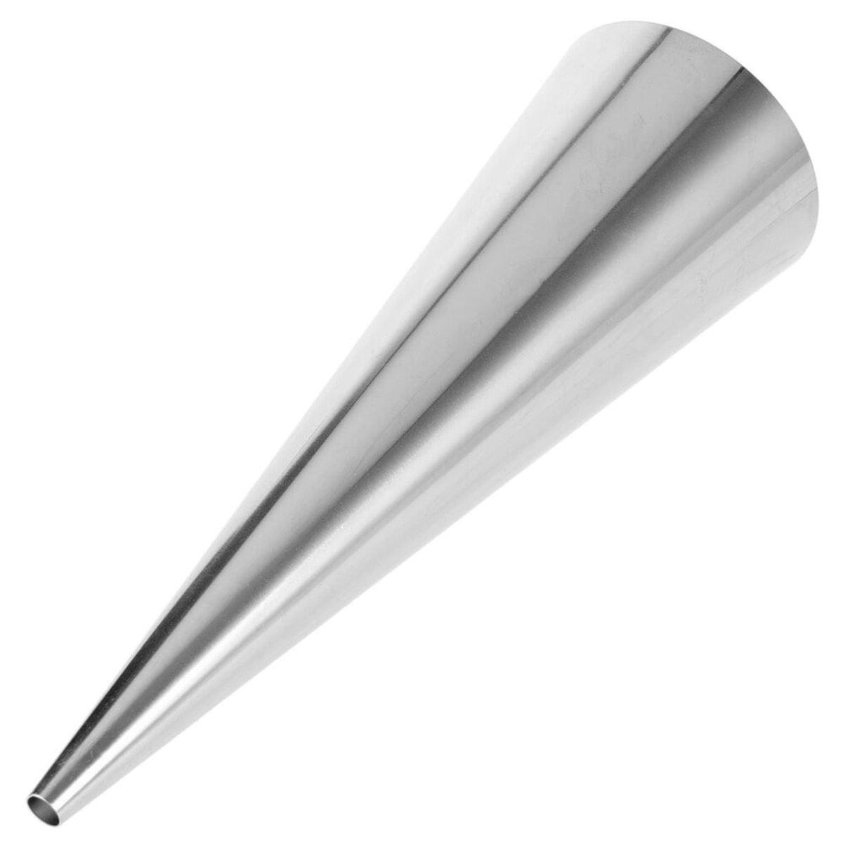 Ateco 928 stainless steel cream horn mold shown at an angle highlighting its tapered conical shape