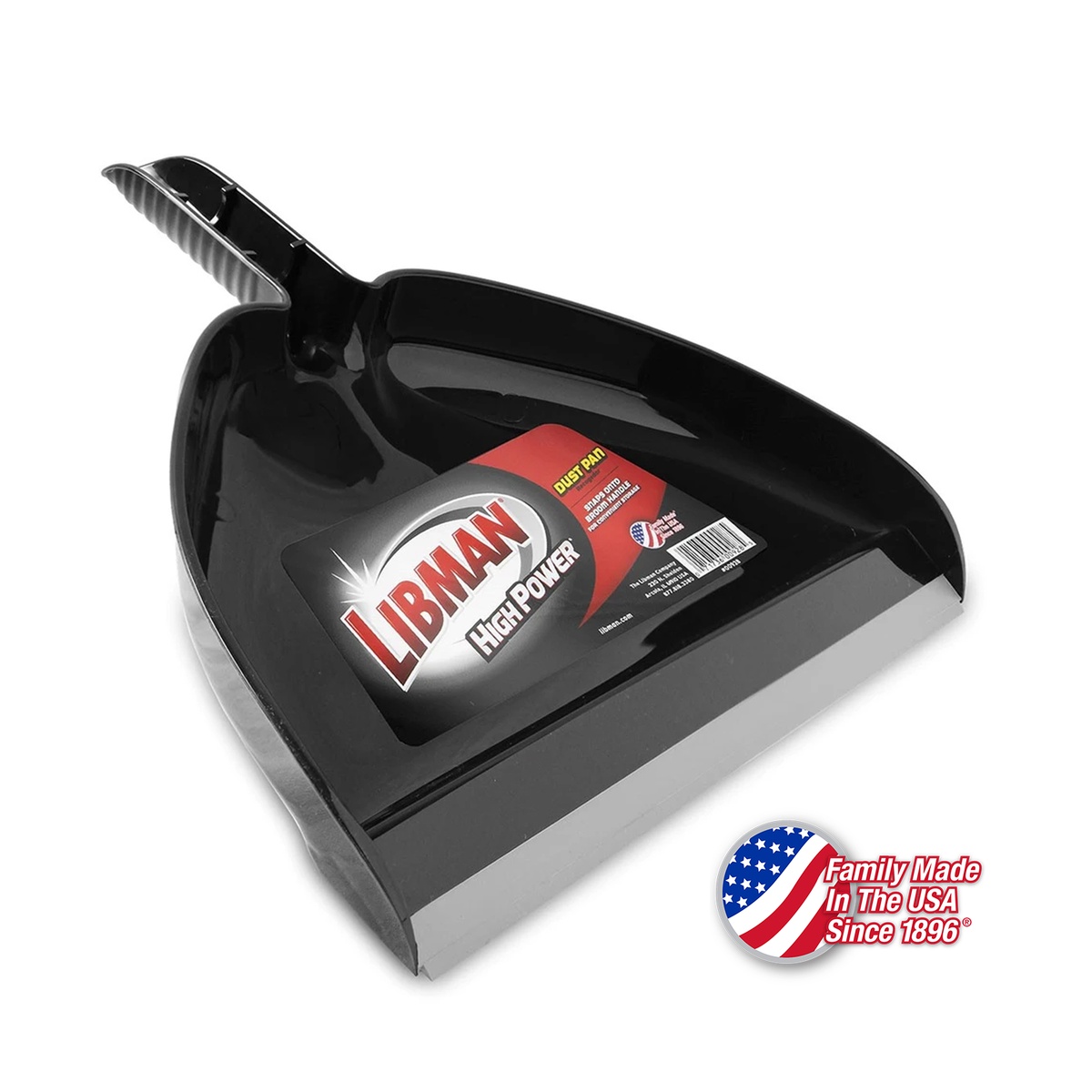 Libman 928 black polypropylene dust pan front view with rubber lip and ergonomic handle