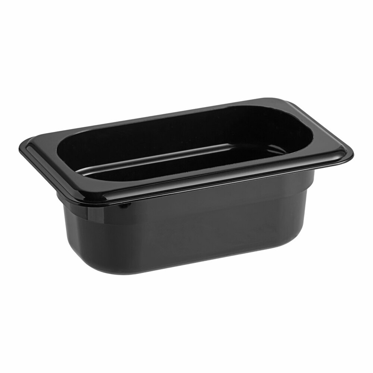 Cambro 92CW110 1/9 size black polycarbonate food pan, 2 1/2 inches deep, showing flanged rim and smooth interior on a white background