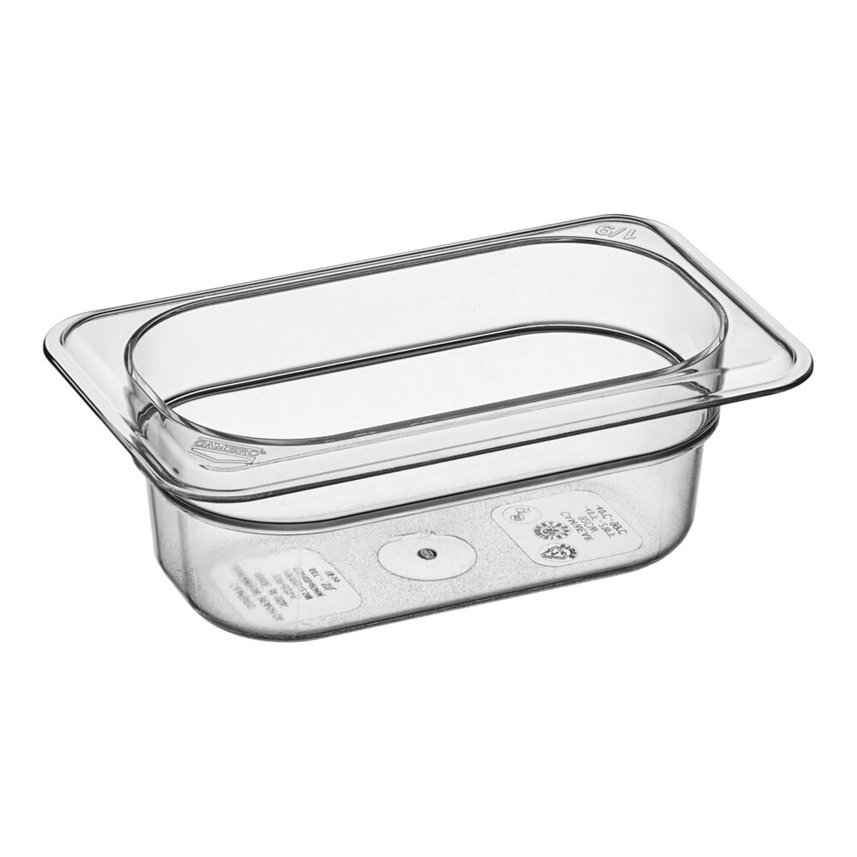 Cambro 92CW135 clear polycarbonate 1/9 size food pan, 2-1/2 inch deep, shown from above at an angle on a white background