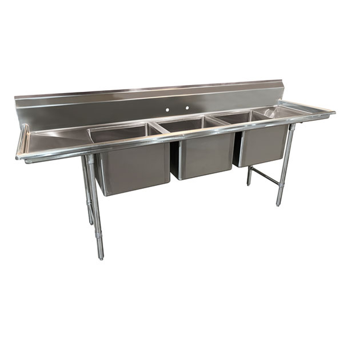 Advance Tabco 3-compartment stainless steel sink with drainboard, tubular legs, and backsplash