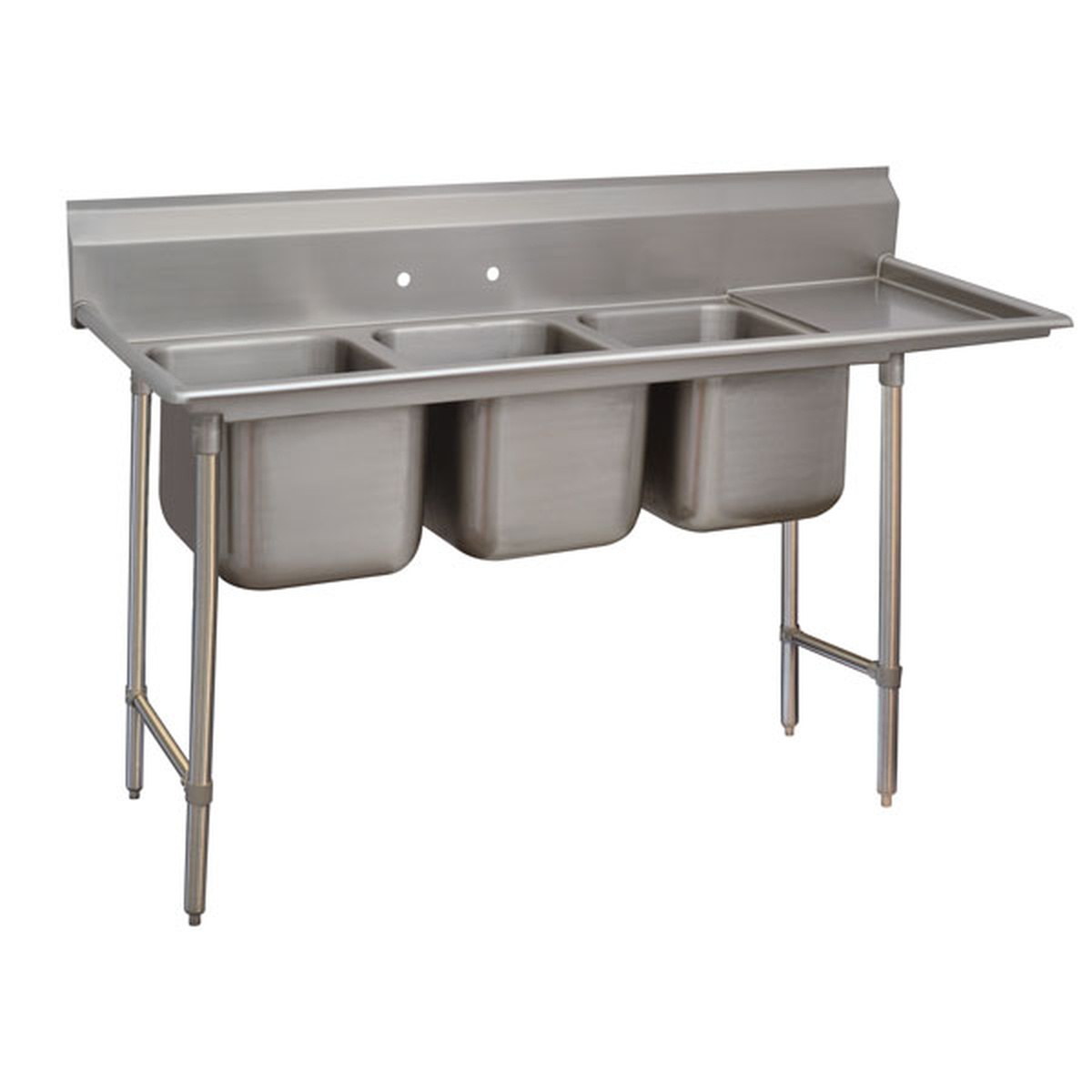 Advance Tabco 93-83-60-24RL three-compartment stainless steel Regaline sink with two drainboards on stainless steel legs