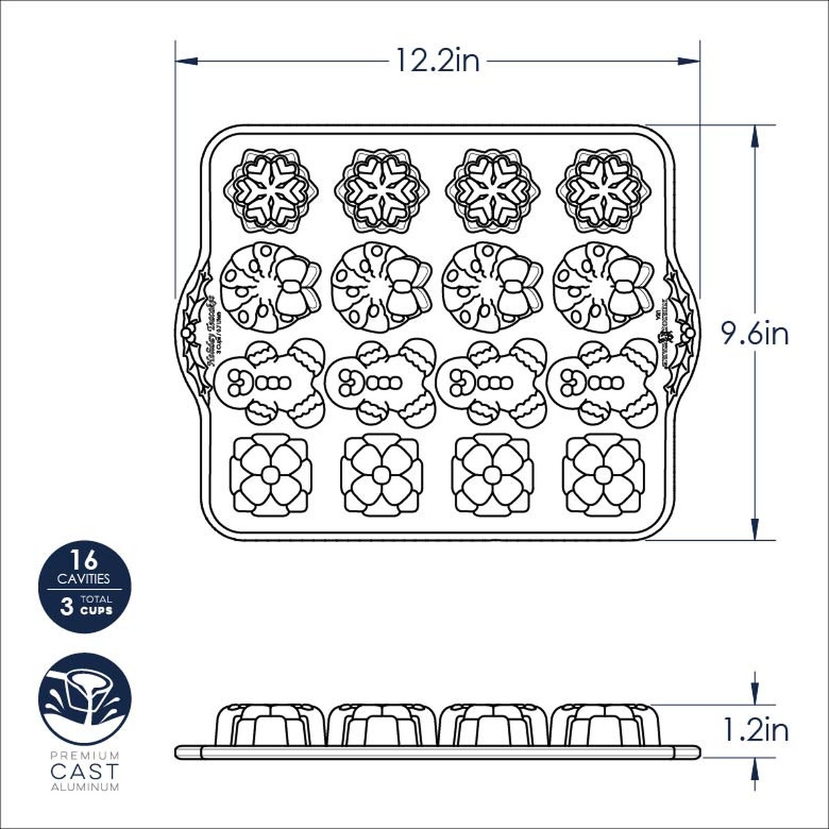 Nordic Ware Holiday Teacakes Pan technical diagram showing 12.2in x 9.6in x 1.2in dimensions, 16 cavities, and Premium Cast Aluminum callout