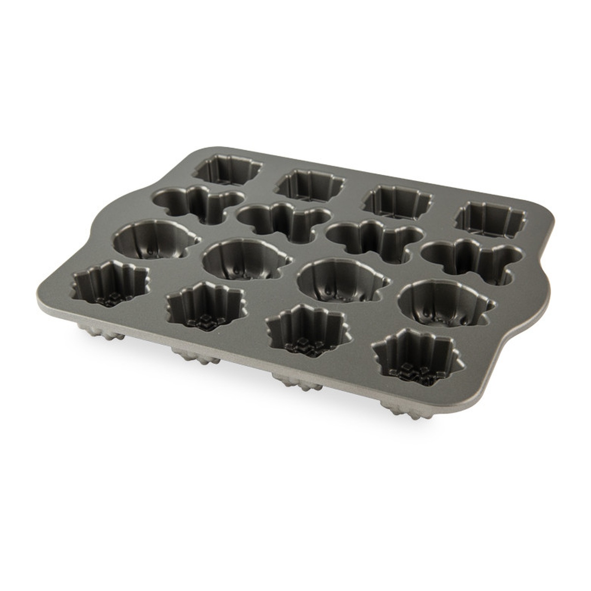 Nordic Ware Holiday Teacakes Cakelet Pan interior showing 16 festive-shaped cavities in cast aluminum with nonstick finish
