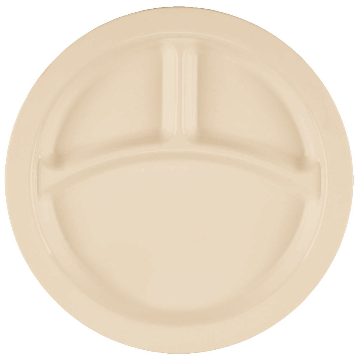 Cambro 93CW133 beige 9-inch 3-compartment polycarbonate narrow rim plate, top-down view