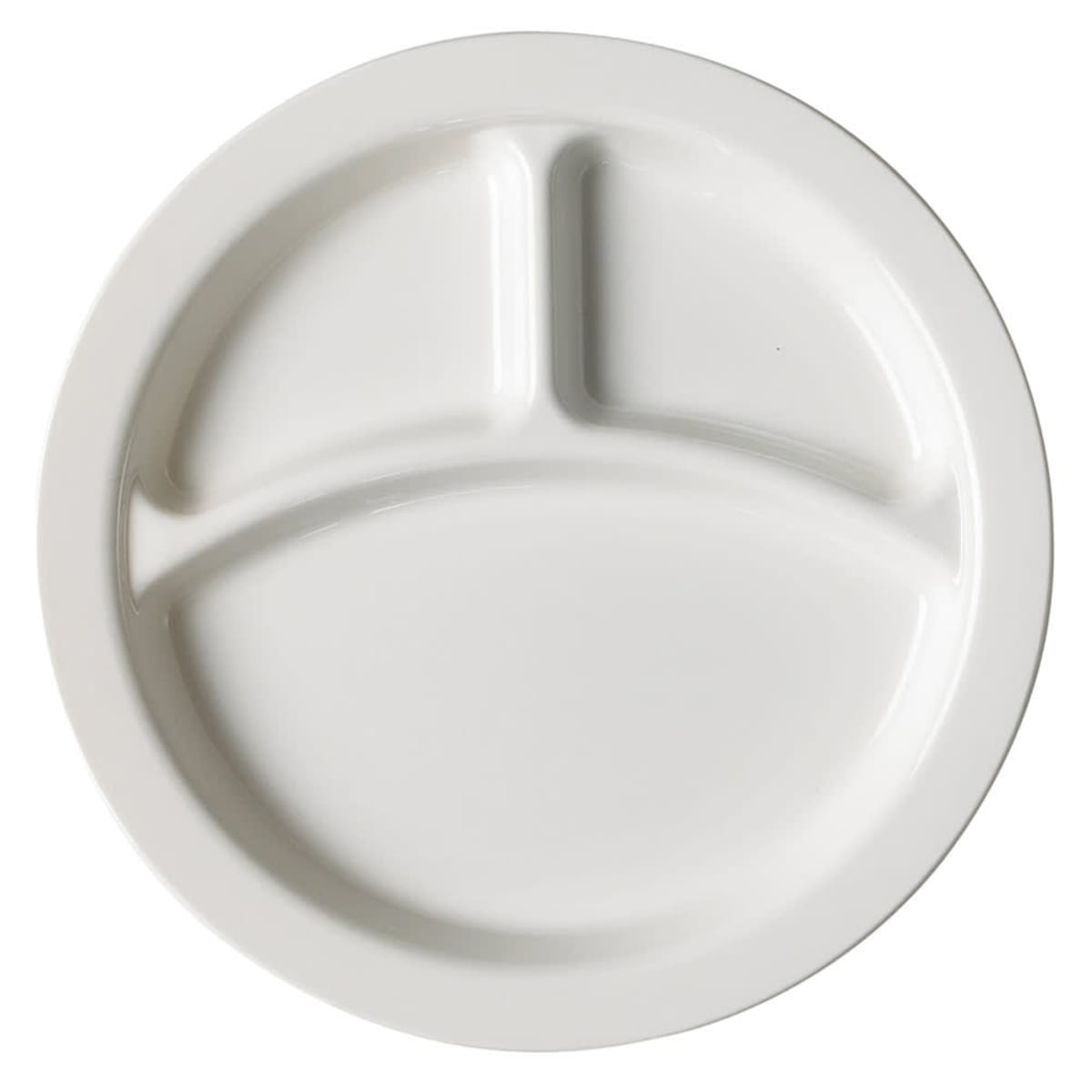 Cambro 93CW148 white 9-inch round 3-compartment polycarbonate dinner plate, top view showing divided sections