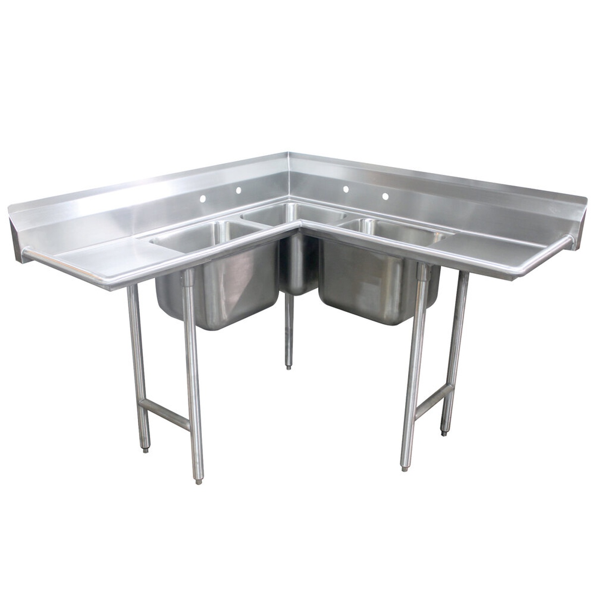 Advance Tabco 94-K4-24D three-compartment corner sink with two drainboards on stainless steel open base