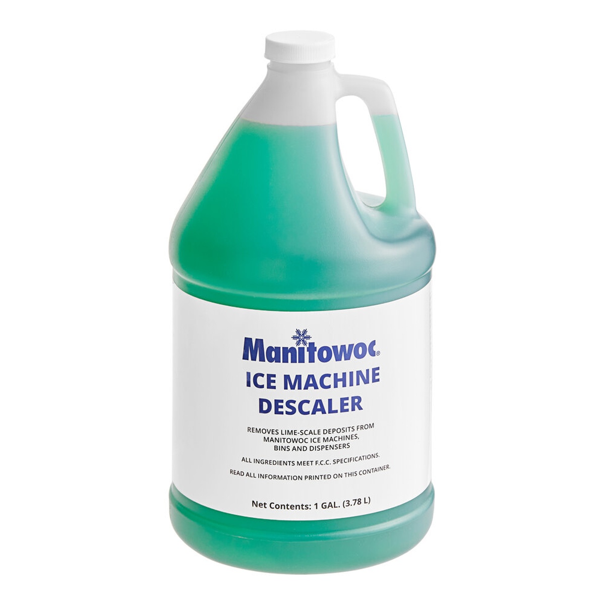 Manitowoc 1-gallon ice machine descaler jug with green liquid and white label