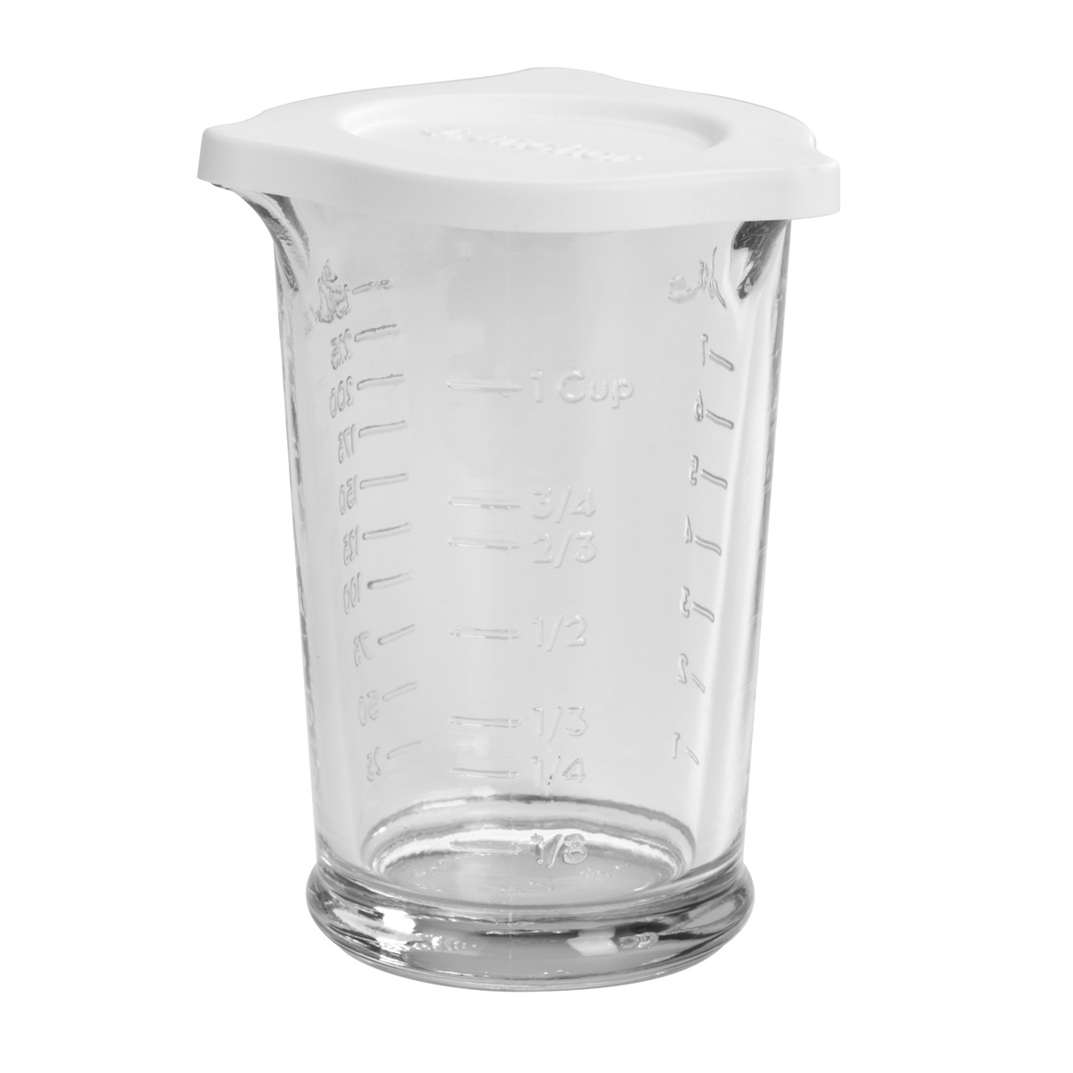 Anchor Hocking 8 oz Triple Pour Glass Measuring Cup with white lid, showing embossed measurement markings including 1/8, 1/4, 1/3, 1/2, 2/3, 3/4, and 1 cup