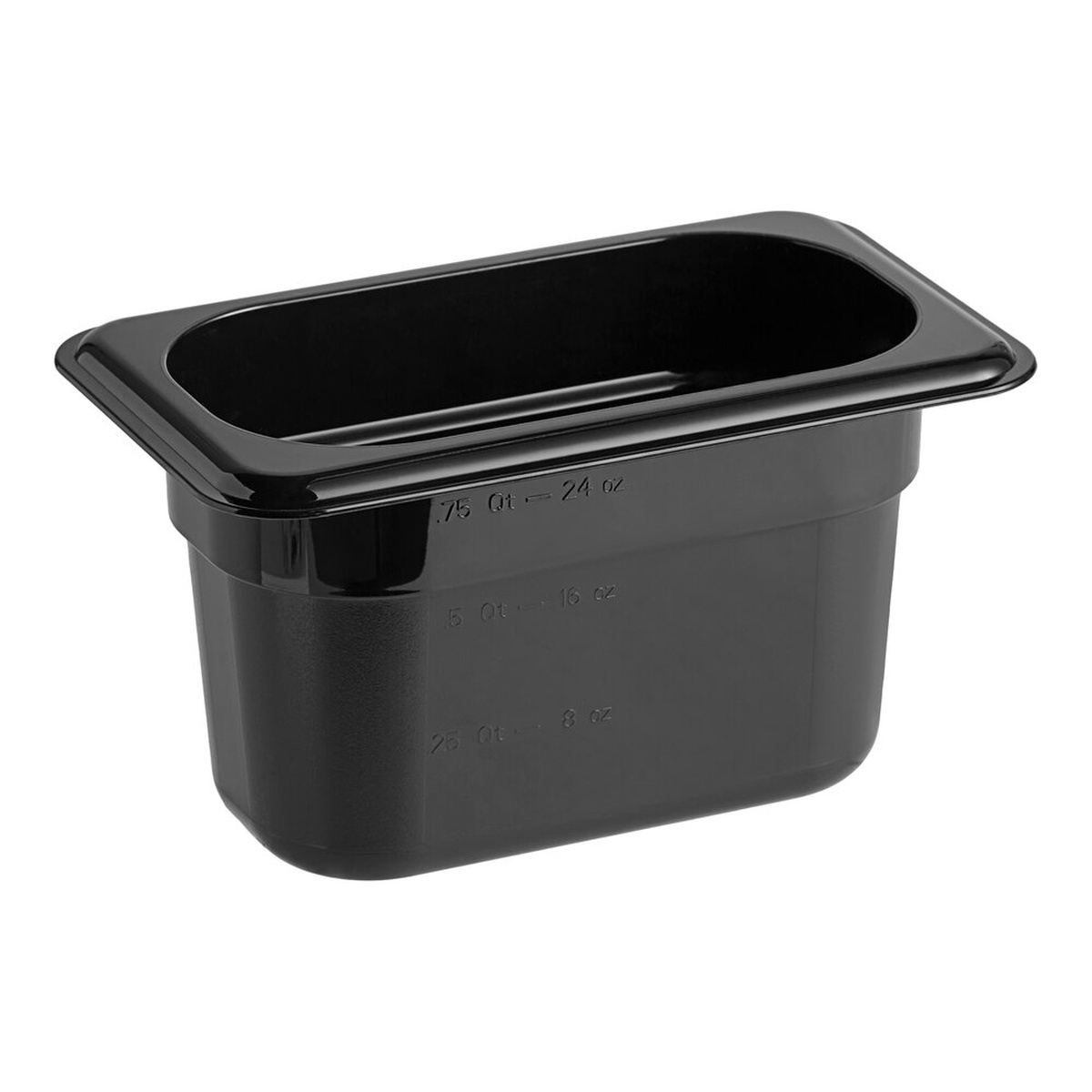 Cambro 94CW110 black polycarbonate 1/9 size food pan with molded-in measurement graduations on white background
