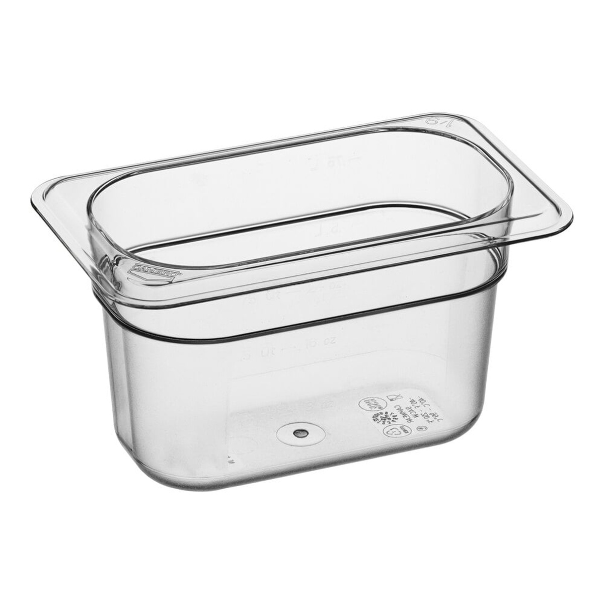 Cambro 94CW135 clear polycarbonate 1/9 size food pan, 4 inches deep, with molded-in graduations and uniform flange visible