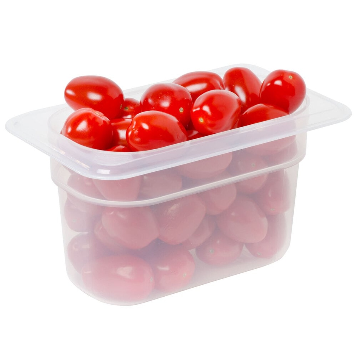 Cambro 94PP190 translucent 1/9 size food pan filled with cherry tomatoes, demonstrating content visibility through translucent walls