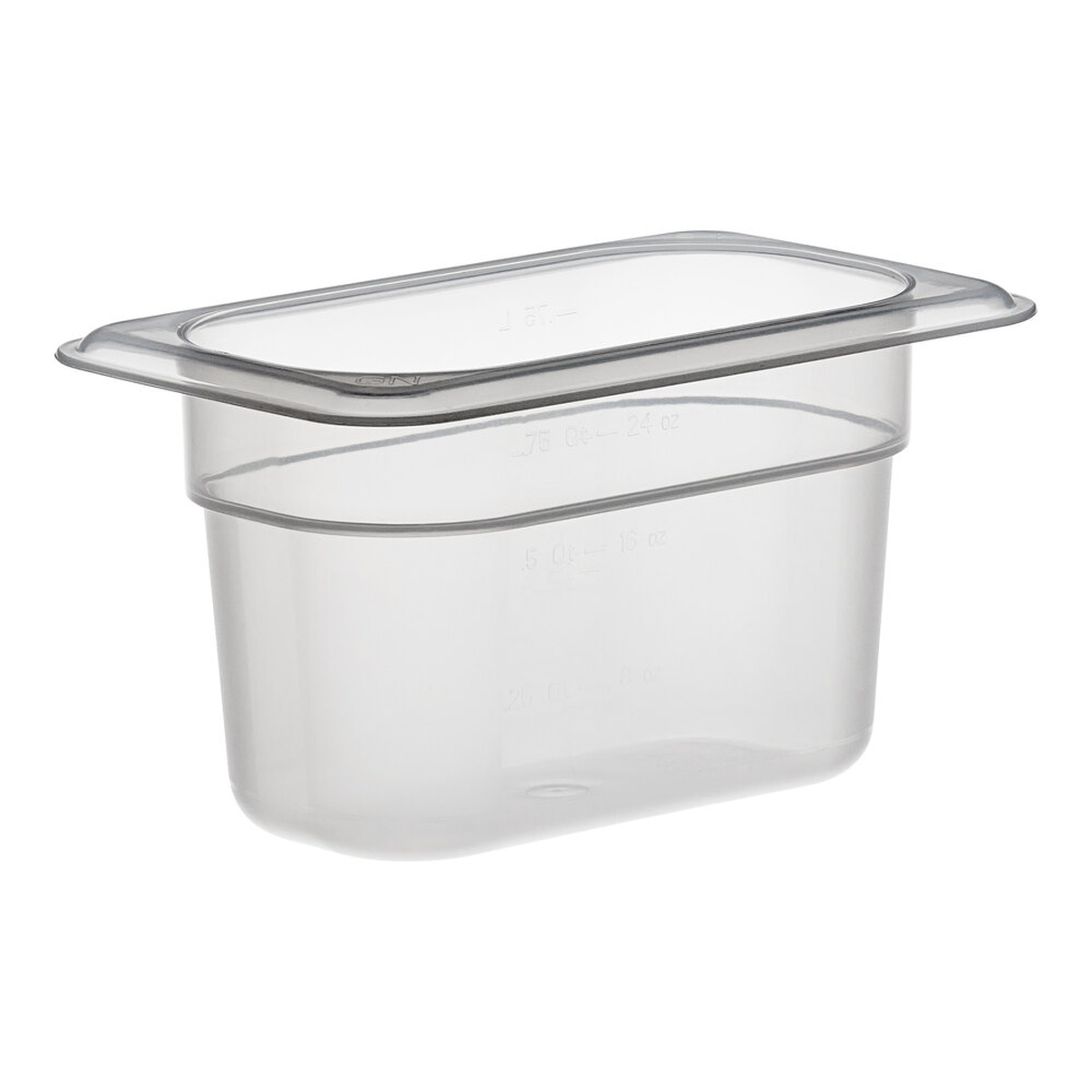 Cambro 94PP190 translucent 1/9 size polypropylene food pan empty, showing molded-in measurement graduations and uniform rim