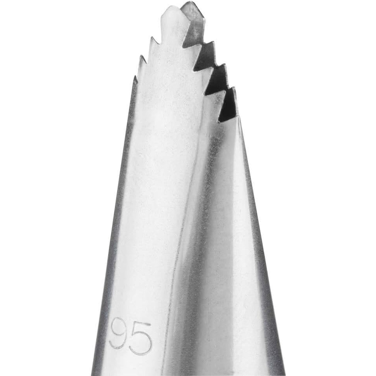 Close-up detail of Ateco #95 tip serrated leaf opening teeth