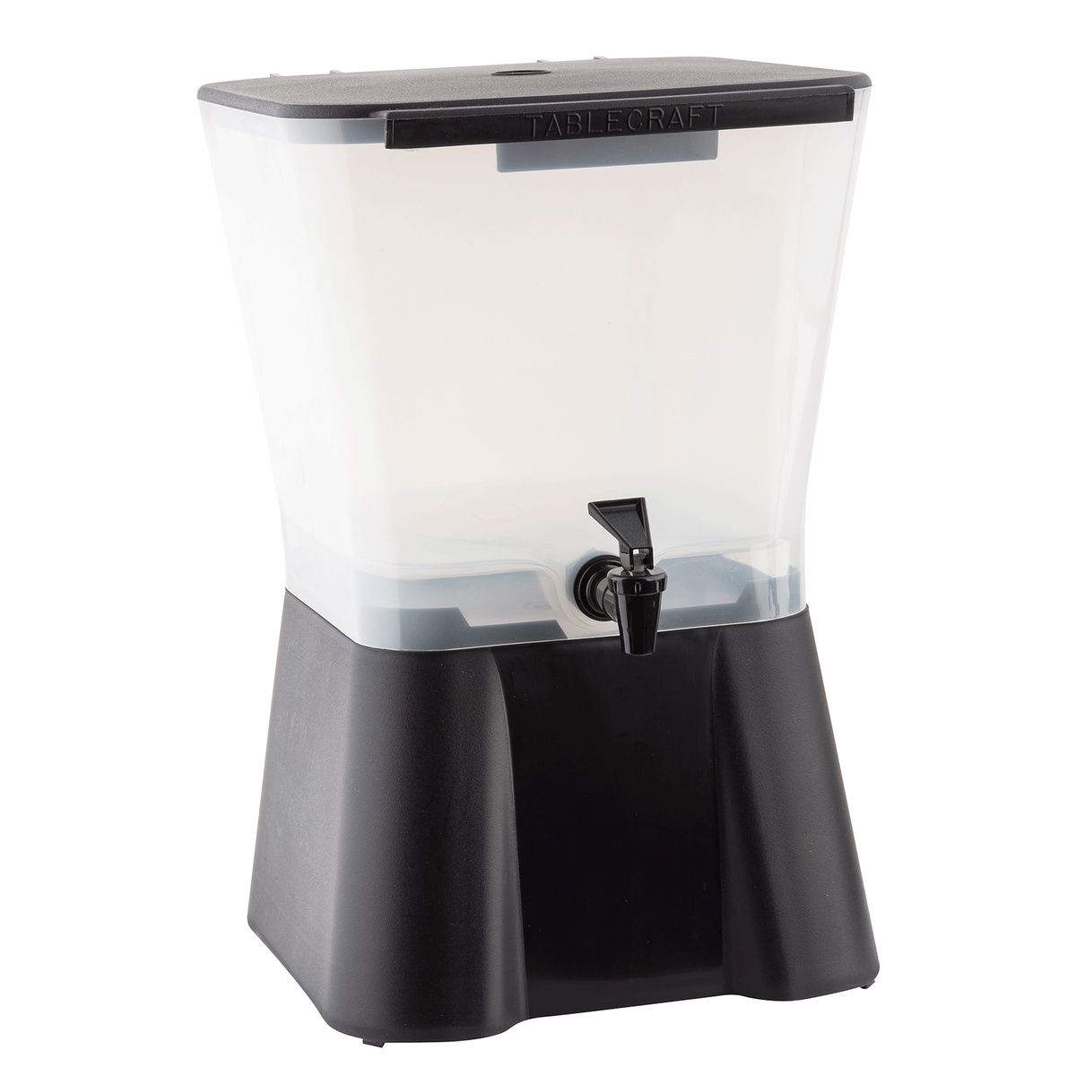 TableCraft H953 beverage dispenser side angle view showing translucent reservoir and black base
