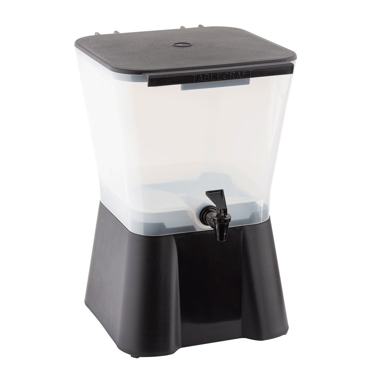 TableCraft H953 3-gallon slimline beverage dispenser with clear reservoir and black base, angled view