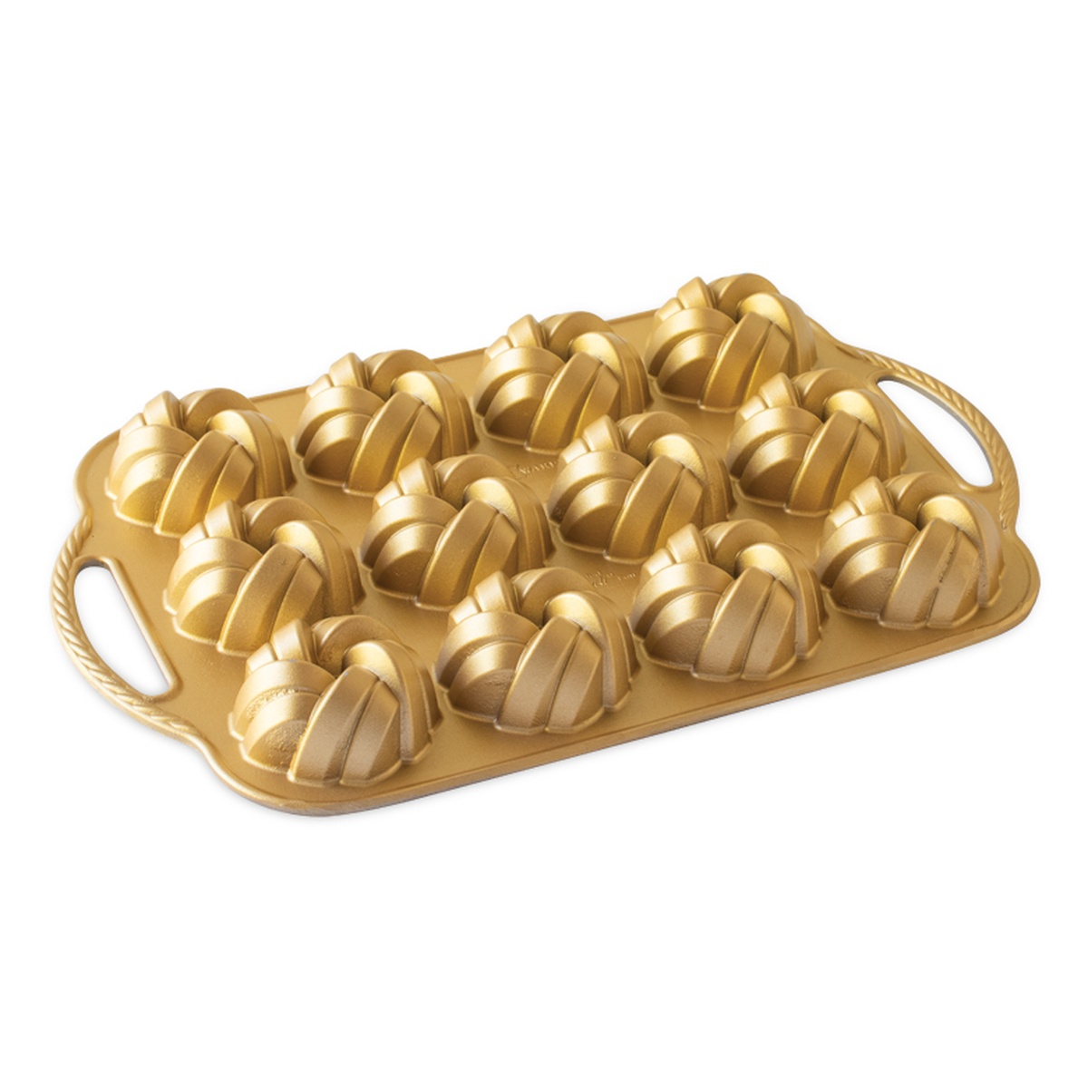 Nordic Ware 75th Anniversary Braided Mini Bundt Pan exterior in gold with 12 braided cavity molds and rope-textured handles