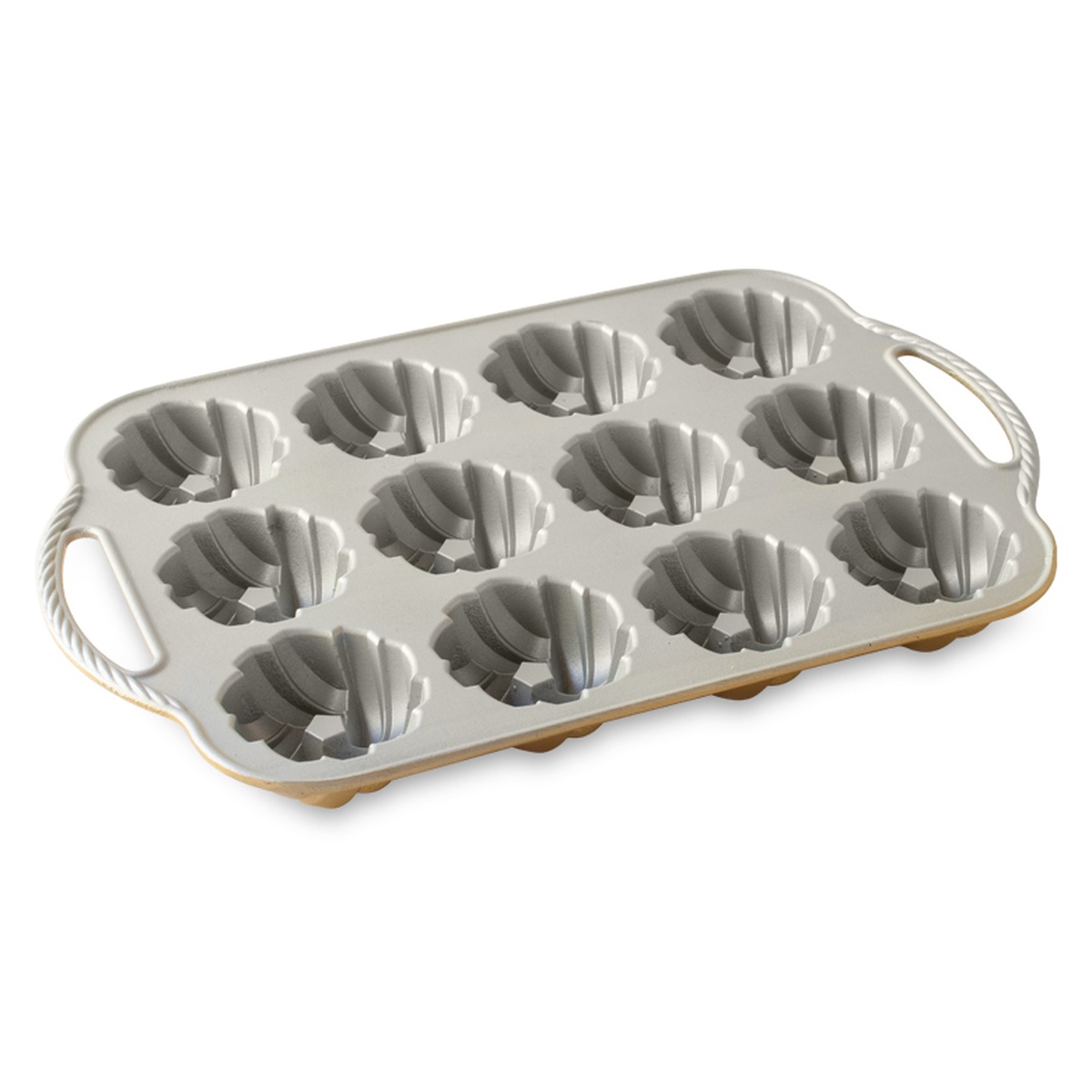 Nordic Ware 75th Anniversary Braided Mini Bundt Pan interior showing silver premium nonstick coating across 12 fluted cavities