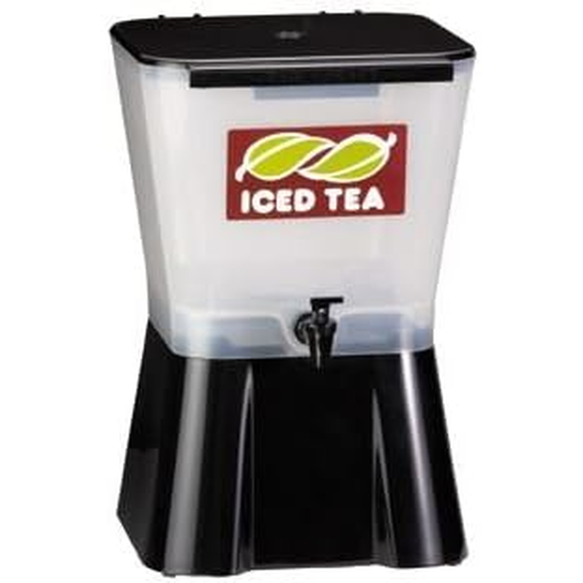 Tablecraft 953B black plastic replacement base supporting a clear beverage dispenser with spigot