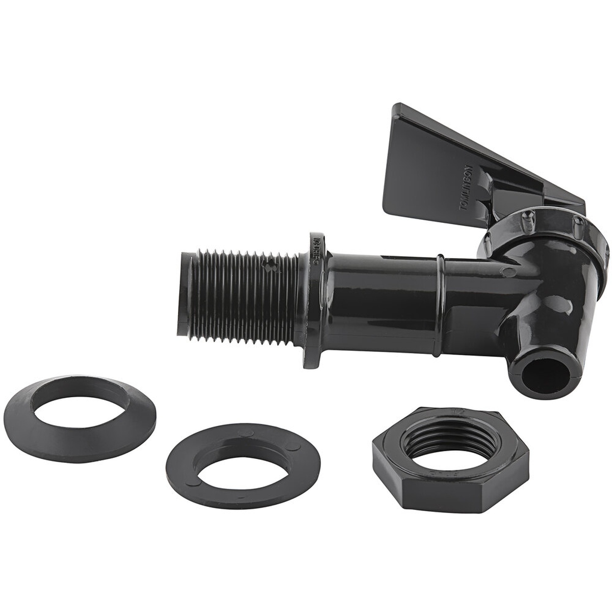 TableCraft 953F black plastic Tomlinson spigot with rubber gasket, mounting washer, and lock nut components