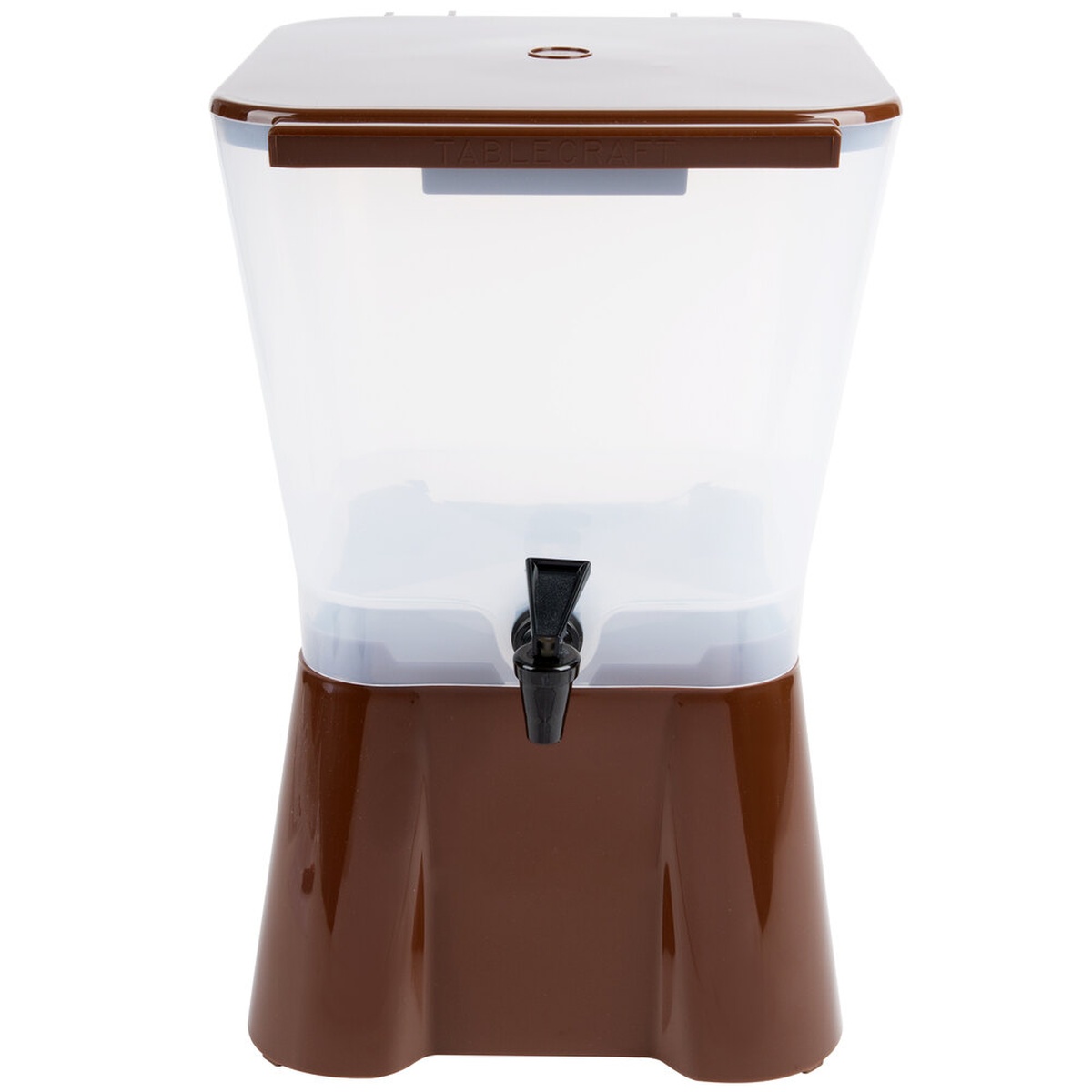 TableCraft 954 3-gallon brown beverage dispenser with translucent reservoir and Tomlinson faucet on brown base