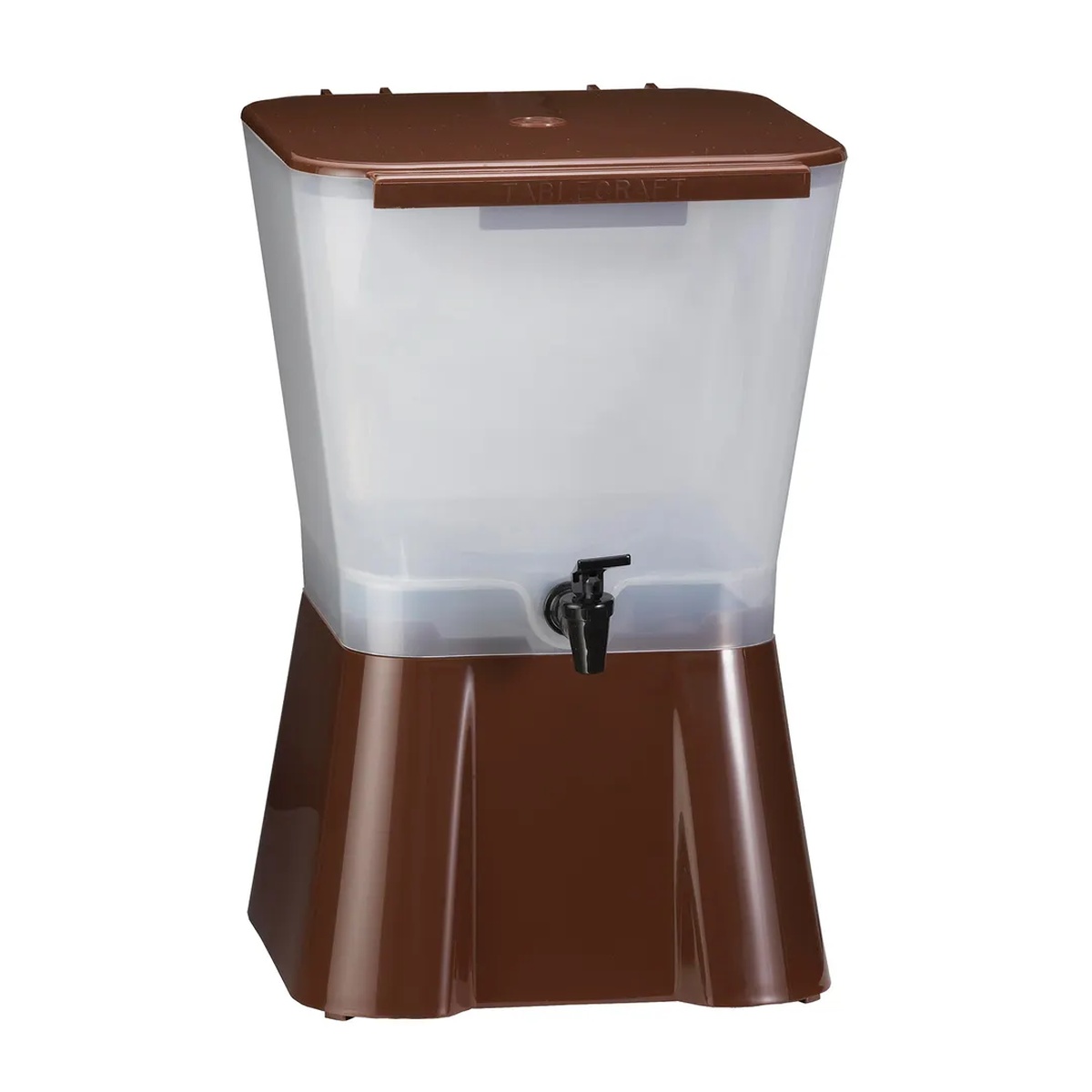 Tablecraft 954B single brown plastic replacement base shown assembled under a translucent beverage dispenser with a black spigot
