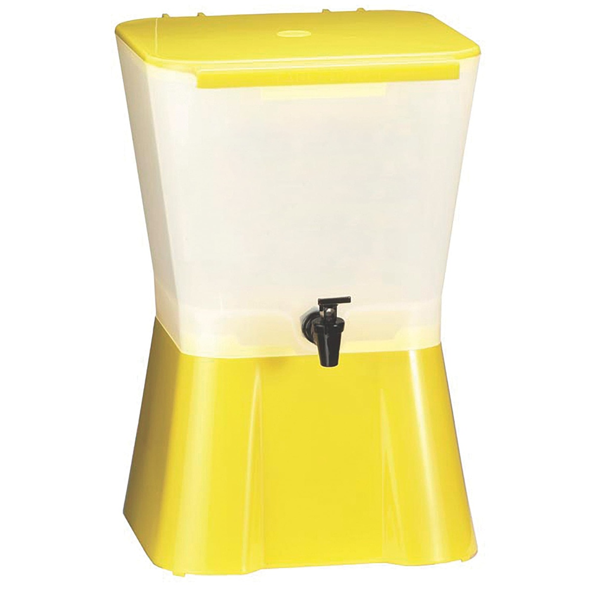 Tablecraft 955 3-gallon yellow and white plastic beverage dispenser with stand and Tomlinson faucet, angled view