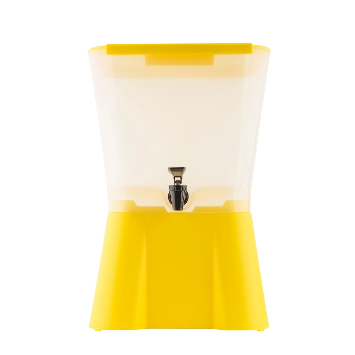 Tablecraft 955 beverage dispenser straight-on front view showing graduated reservoir and yellow base with faucet centered