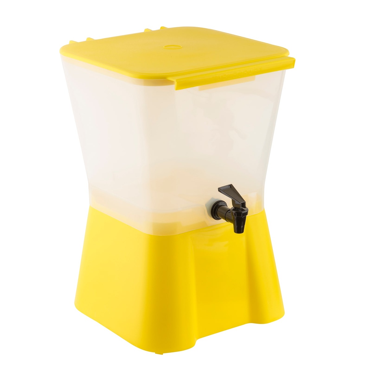 Tablecraft 955 beverage dispenser front-angled view showing yellow lid, clear reservoir, and yellow base