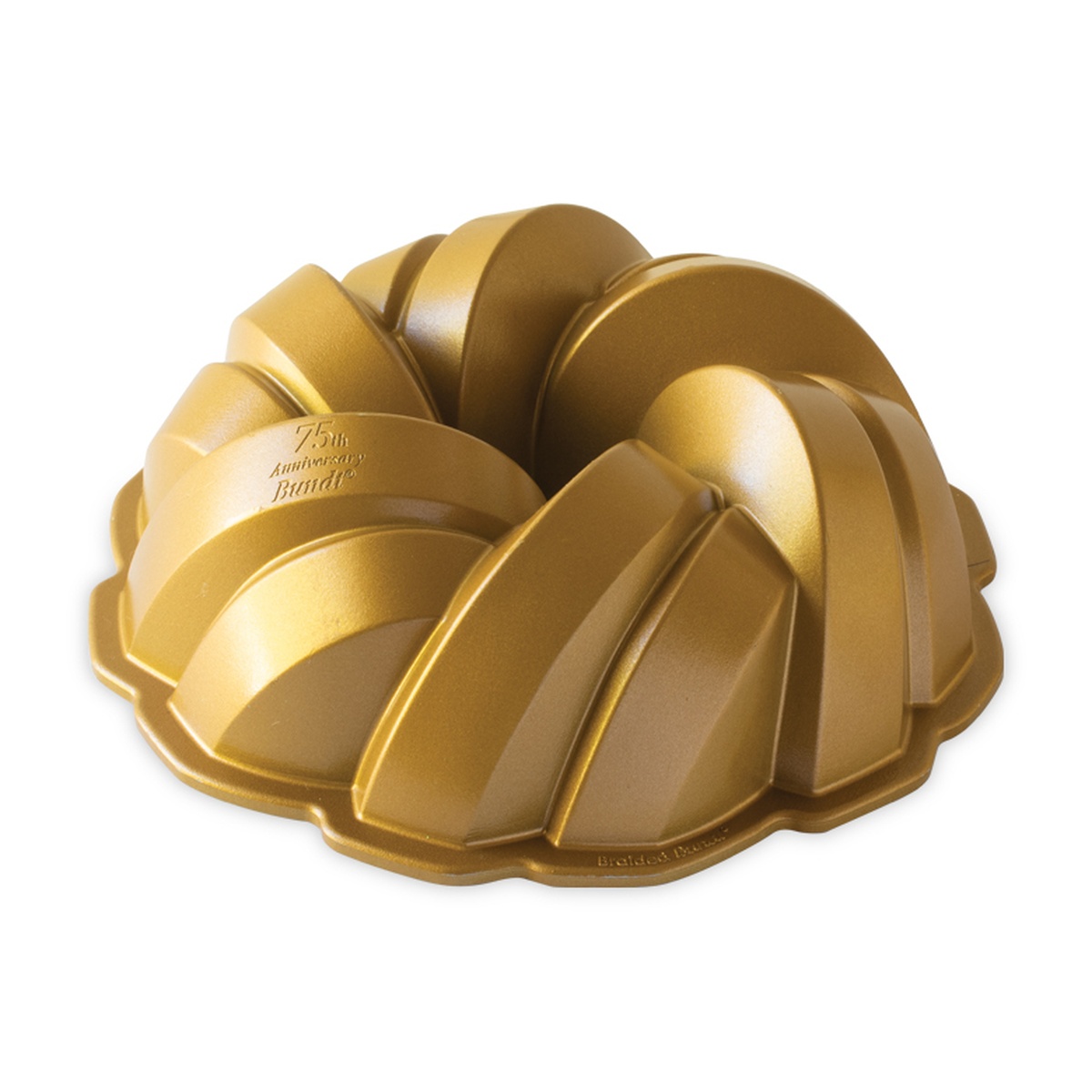 Nordic Ware 75th Anniversary Braided Bundt pan exterior in gold finish