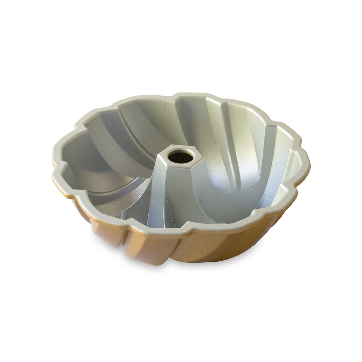 Nordic Ware Braided Bundt pan interior showing non-stick silver coating and center tube