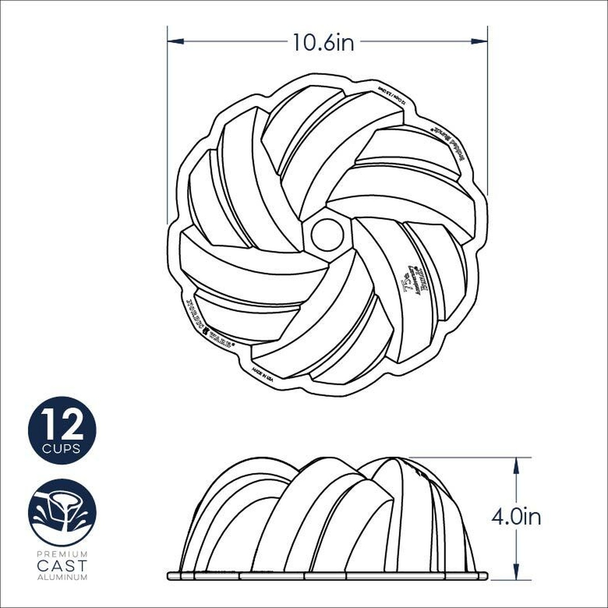 Nordic Ware Braided Bundt pan technical diagram showing 10.6-inch diameter, 4-inch height, 12-cup capacity, and premium cast aluminum construction