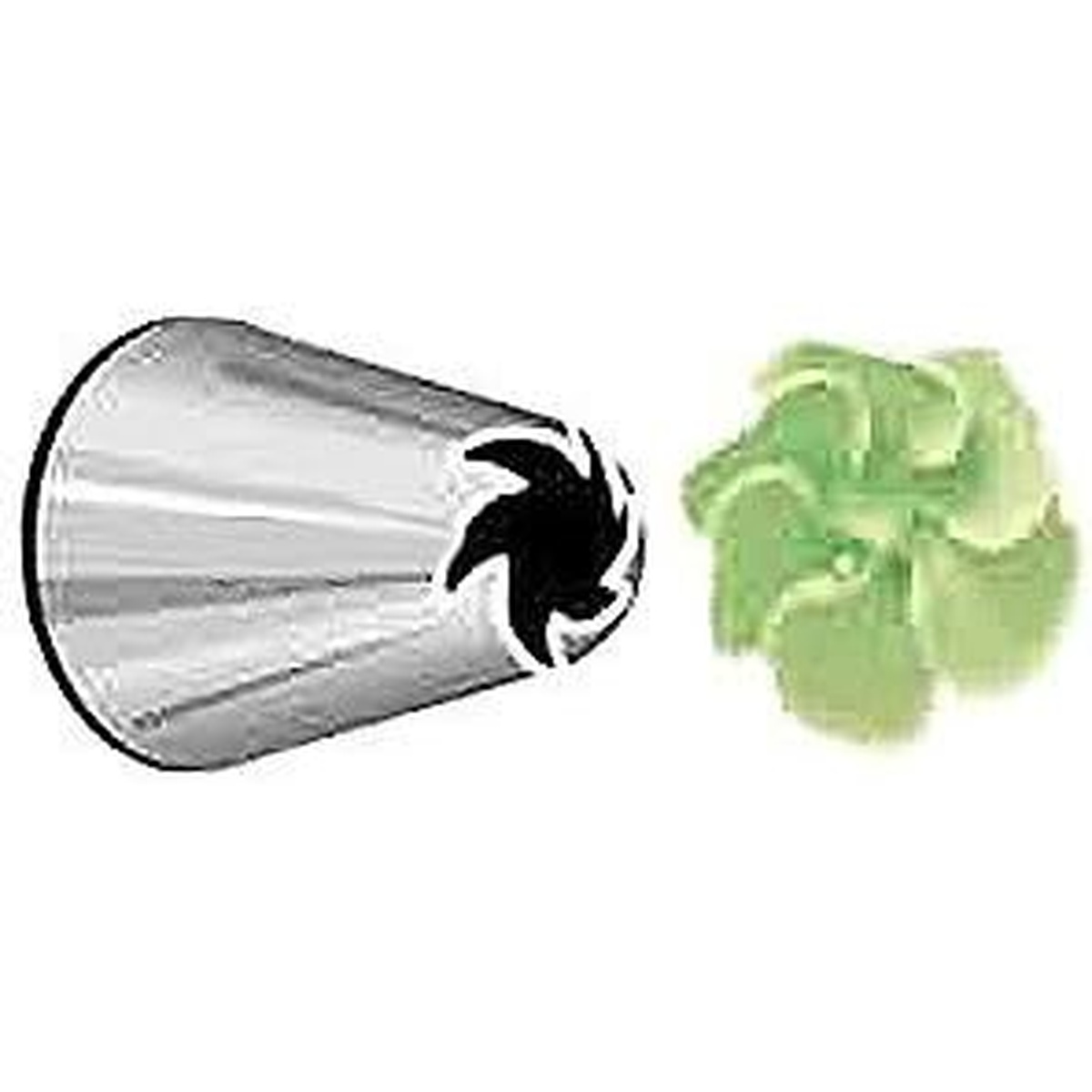 Ateco 96 stainless steel swirl piping tip shown alongside a sample green rosette decoration